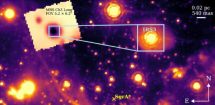 Mid-infrared image of the IRS 3 environment, observed with VLT/NACO and Webb/MIRI/MRS. Image credit: Peißker et al., doi: 10.1051/0004-6361/202660243.