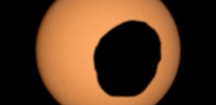 This image of Phobos in front of the Sun was captured by Perseverance’s Mastcam-Z camera on August 12, 2026. Image credit: NASA / JPL-Caltech / ASU / MSSS / SSI.