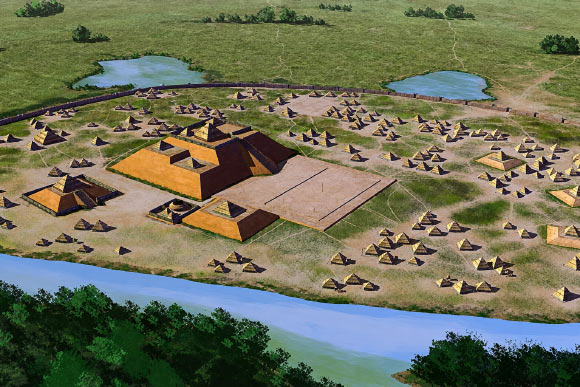 An artist’s conception of Etowah, a Mississippian culture site located on the banks of the Etowah River in Bartow County, Georgia. Image credit: Herb Roe / Sci.News.