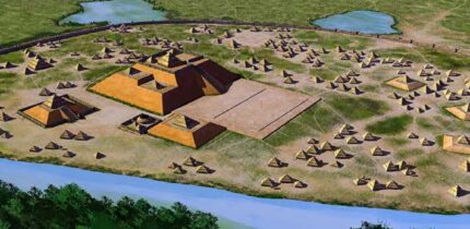 An artist’s conception of Etowah, a Mississippian culture site located on the banks of the Etowah River in Bartow County, Georgia. Image credit: Herb Roe / Sci.News.