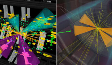 Candidate event displays of double-Higgs boson production as recorded by ATLAS (left) and CMS (right). Image credit: CERN.