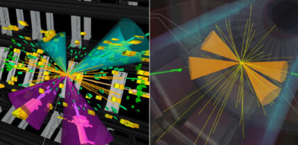 Candidate event displays of double-Higgs boson production as recorded by ATLAS (left) and CMS (right). Image credit: CERN.
