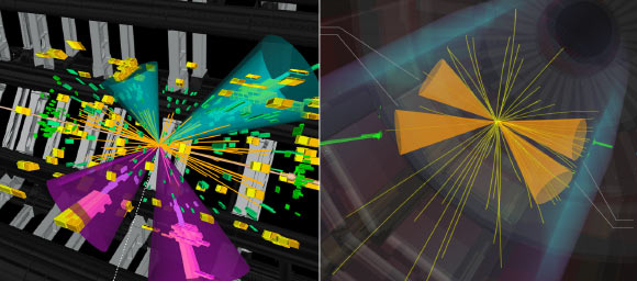 Candidate event displays of double-Higgs boson production as recorded by ATLAS (left) and CMS (right). Image credit: CERN.
