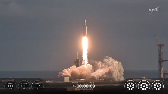 NASA’s Nancy Grace Roman Telescope lifted off on a SpaceX Falcon Heavy rocket from Launch Complex 39A at NASA’s Kennedy Space Center in Florida on August 30, 2026 at 7:26 a.m. EDT. Image credit: NASA.