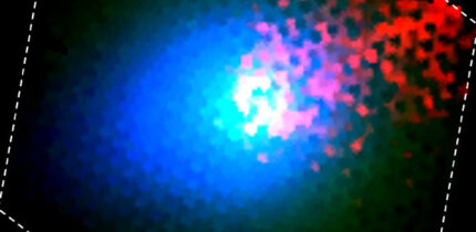 The distribution of dust (blue), gas (green) and ions (red) in the interstellar comet 3I/ATLAS. Image credit: Lea Ferellec.