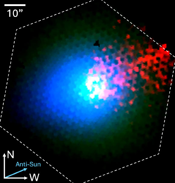 The distribution of dust (blue), gas (green) and ions (red) in the interstellar comet 3I/ATLAS. Image credit: Lea Ferellec.
