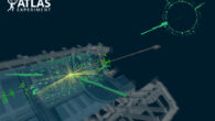 Event display of a candidate Higgs boson decay to a photon and a lepton pair, from proton-proton collisions recorded with the ATLAS detector in 2022. Image credit: ATLAS Collaboration / CERN.