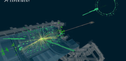 Event display of a candidate Higgs boson decay to a photon and a lepton pair, from proton-proton collisions recorded with the ATLAS detector in 2022. Image credit: ATLAS Collaboration / CERN.