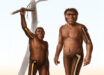 A depiction of an early Homo (right) characterized by relatively greater bone strength of the femur in the thigh compared to the humerus in the arm, and a depiction of an older human ancestor, Australopithecus (left), characterized by more equivalent strength in the bones of the arm and thigh. Image credit: Cullen Townsend.
