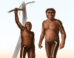 A depiction of an early Homo (right) characterized by relatively greater bone strength of the femur in the thigh compared to the humerus in the arm, and a depiction of an older human ancestor, Australopithecus (left), characterized by more equivalent strength in the bones of the arm and thigh. Image credit: Cullen Townsend.