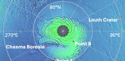 Map of the six north polar locations analyzed by P. Mohan & A.R. Khuller, where water ice is exposed at the Martian surface. Image credit: P. Mohan & A.R. Khuller, doi: 10.1038/s44453-026-00054-9.