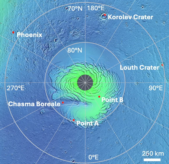 Map of the six north polar locations analyzed by P. Mohan & A.R. Khuller, where water ice is exposed at the Martian surface. Image credit: P. Mohan & A.R. Khuller, doi: 10.1038/s44453-026-00054-9.