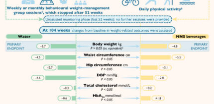 The SWITCH trial assessed the equivalence of NNS beverages -- specifically those containing aspartame, acesulfame potassium (acesulfame‑K), and sucralose -- and water in aiding weight loss and subsequent weight management and evaluated the relative effects of long-term exposure over a 104-week period. Image credit: Harrold et al., doi: 10.1017/S0007114526108150.