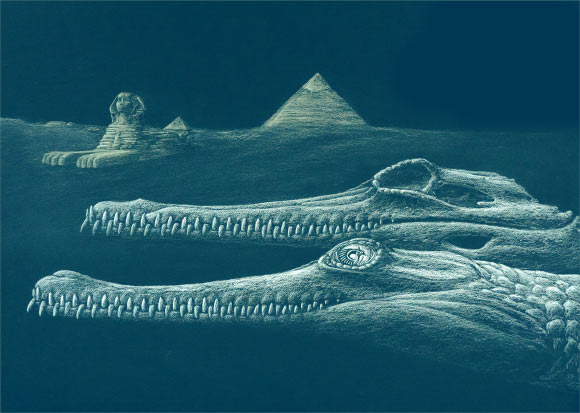 The Sphinx was carved from the same rock formation that yielded the Herugavialis cairensis fossil, and both are missing the tip of the nose. Image credit: Karim Zanaty.