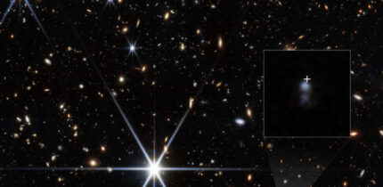 This Webb image shows the host galaxy of FRB 20240304B (shown by the white cross). Image credit: NASA / ESA / CSA / STScI / Themiya Nanayakkara, USYD / Joseph DePasquale, STScI.