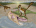 Atrociraptor scavenge the carcass of Albertosaurus along the edge of a river floodplain. Image credit: Joshua Adam Doyon.
