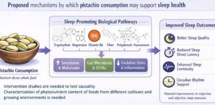Pistachios are particularly rich in vitamin B6, magnesium, fiber, phenolic compounds, and phytomelatonin that could benefit sleep health. Image credit: Mixon et al., doi: 10.1017/S0954422426100511.