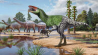 Artists’ rendition of Invictibellatrix amberina with contemporary fauna in the lower part of the Wessex Formation. Image credit: Sergey Krasovskiy / Pedro Salas.