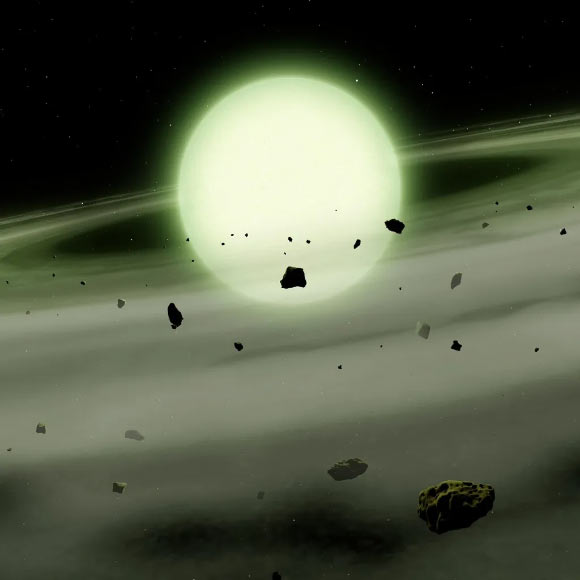 The cool white dwarf WD J1330+6435 has accreted sodium-rich rocky material from its planetary system into its atmosphere; the immense atmospheric density causes the sodium to absorb light over broad range of yellow, orange, and red wavelengths, giving the WD J1330+6435 a ghostly green appearance. Image credit: Mark A. Garlick / University of Warwick.