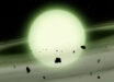 The cool white dwarf WD J1330+6435 has accreted sodium-rich rocky material from its planetary system into its atmosphere; the immense atmospheric density causes the sodium to absorb light over broad range of yellow, orange, and red wavelengths, giving the WD J1330+6435 a ghostly green appearance. Image credit: Mark A. Garlick / University of Warwick.