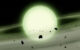 The cool white dwarf WD J1330+6435 has accreted sodium-rich rocky material from its planetary system into its atmosphere; the immense atmospheric density causes the sodium to absorb light over broad range of yellow, orange, and red wavelengths, giving the WD J1330+6435 a ghostly green appearance. Image credit: Mark A. Garlick / University of Warwick.
