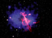 This composite image of the Treble Clef and its galaxy cluster contains X-rays from Chandra and eROSITA, radio data from LOFAR, and infrared data from UKIRT. Image credit: NASA / CXC / INAF-IRA / Botteon et al. / UKIDSS-GPS / ASTRON / LOFAR / SAO / N. Wolk.