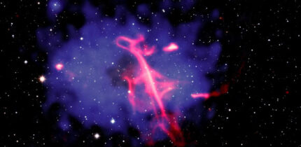 This composite image of the Treble Clef and its galaxy cluster contains X-rays from Chandra and eROSITA, radio data from LOFAR, and infrared data from UKIRT. Image credit: NASA / CXC / INAF-IRA / Botteon et al. / UKIDSS-GPS / ASTRON / LOFAR / SAO / N. Wolk.