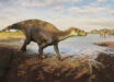 Life reconstruction of the iguanodontian dinosaur Paludohadros proudlovii; in the distance, the large predatory dinosaur Baryonyx walkeri can be seen. Image credit: Guilherme Gehr.