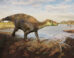 Life reconstruction of the iguanodontian dinosaur Paludohadros proudlovii; in the distance, the large predatory dinosaur Baryonyx walkeri can be seen. Image credit: Guilherme Gehr.