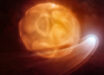 This artist’s illustration shows the smaller, hotter companion star Siwarha creating a wake-like disruption in Betelgeuse’s outer atmosphere as it orbits directly through it. Image credit: NSF / AUI / NRAO / M. Weiss.